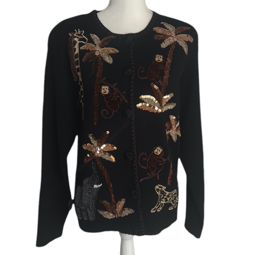 Victoria Harbor Black Elephant Giraffe Leopard Monkey Sequined Safari Cardigan L